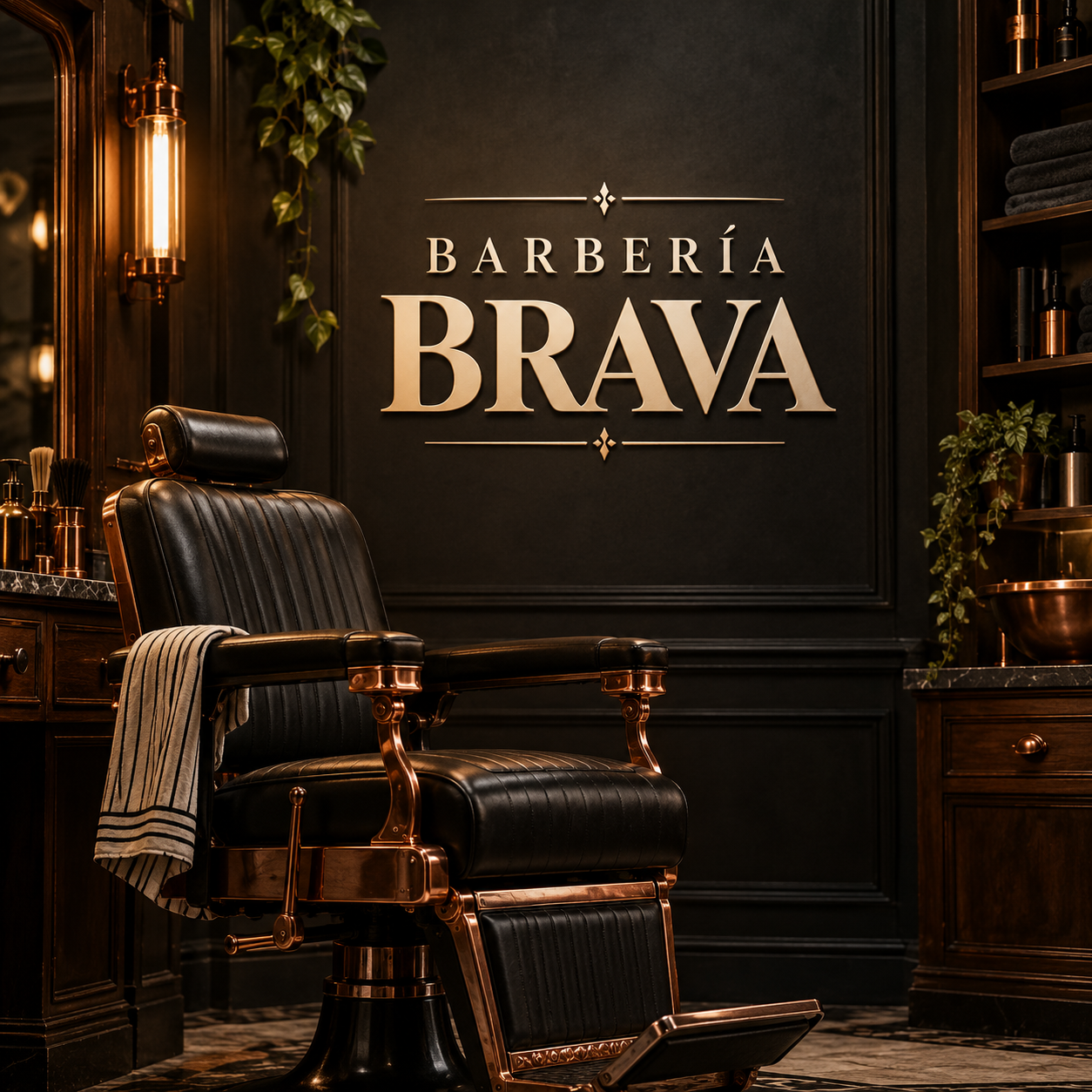 Concepto visual de Barbería Brava con sillón clásico y tonos cobre