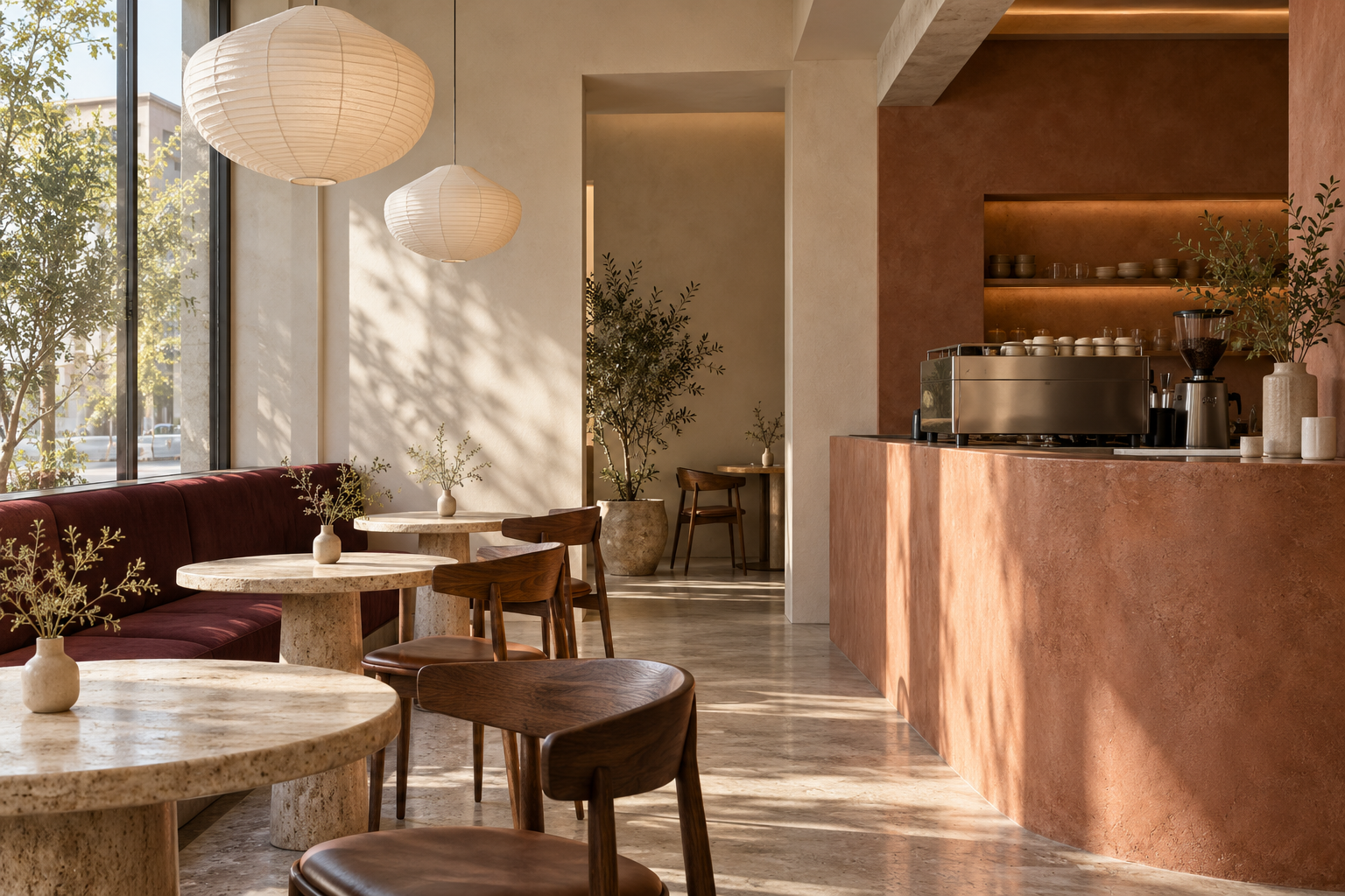 Café conceptual con barra terracota, mesas de piedra y sillas de madera