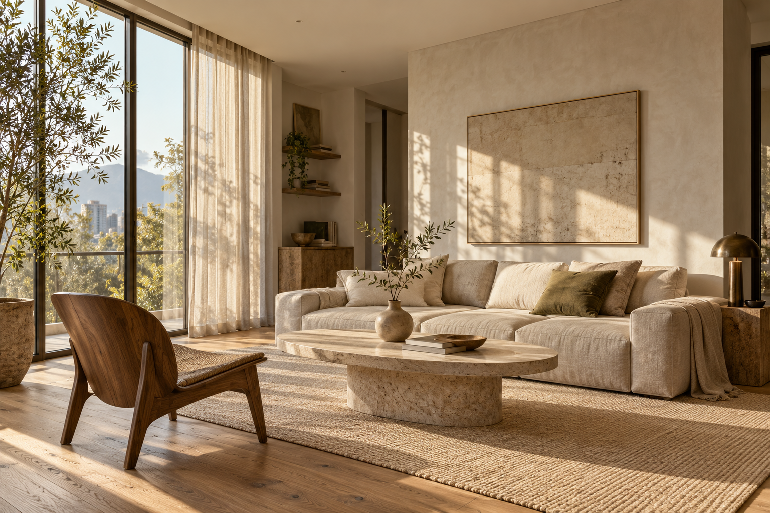 Luma: living conceptual con materiales naturales y luz cálida