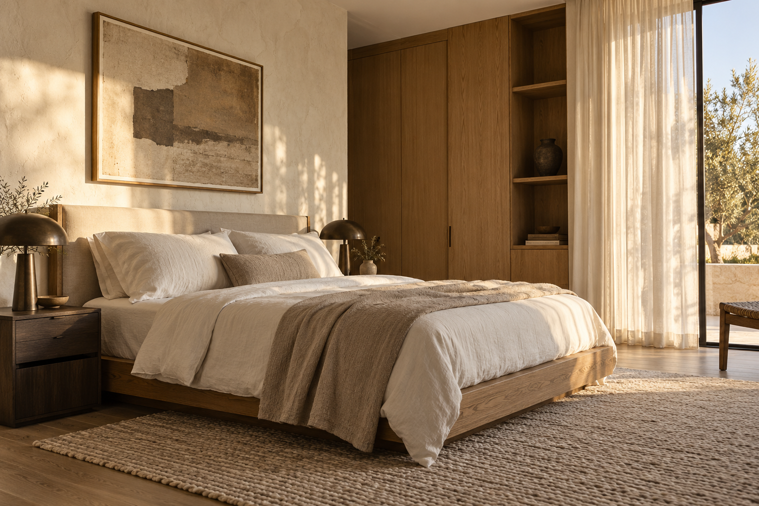 Dormitorio conceptual con cama de roble, textiles naturales y luz suave